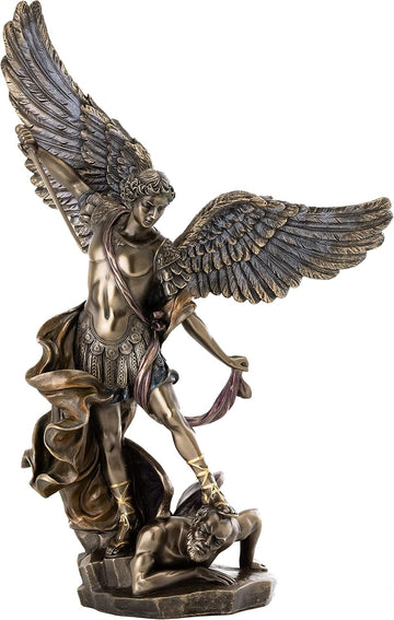 Top Collection Saint Michael Defeating Lucifer in Religious Premium Cold-Cast Bronze Sculpture - Collectible Angel of Heaven Stepping on Demon Figurine